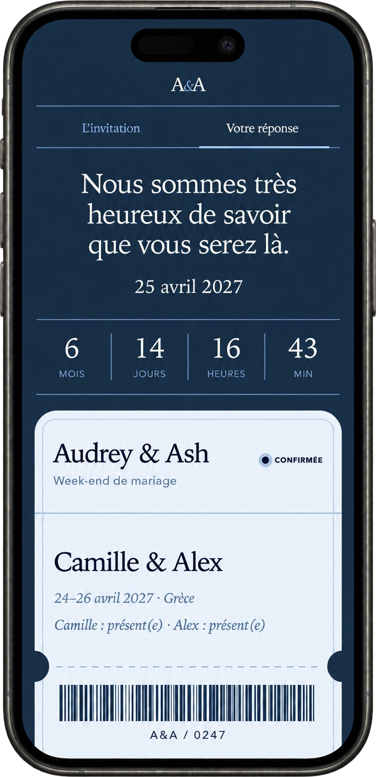 Invitation et billet personnalisés en bleu nuit