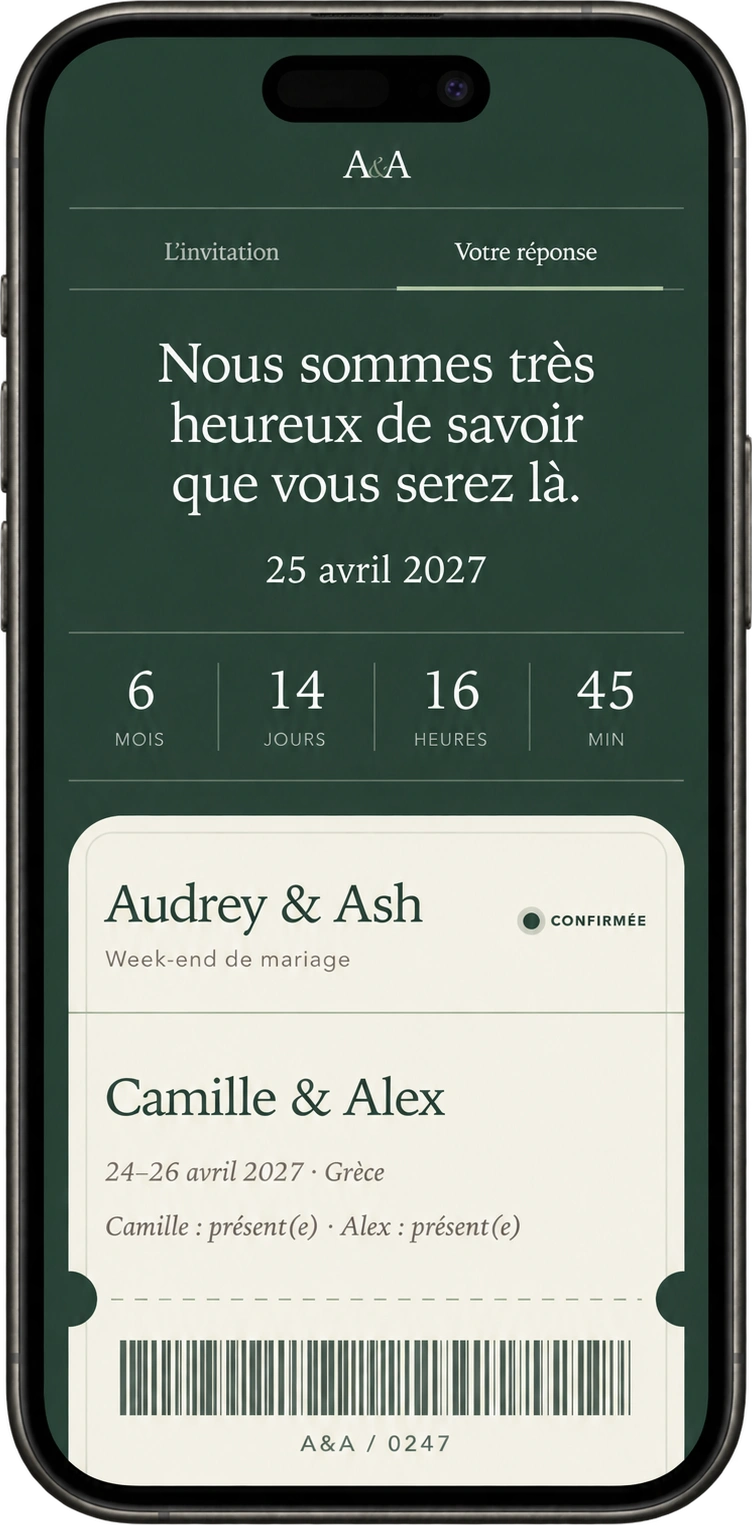Invitation et billet personnalisés en vert forêt